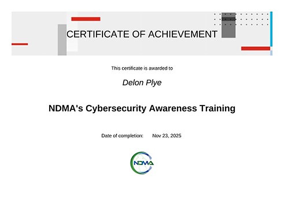 Cybersecurity Awareness Training — NDMA certificate awarded to Delon Pyle