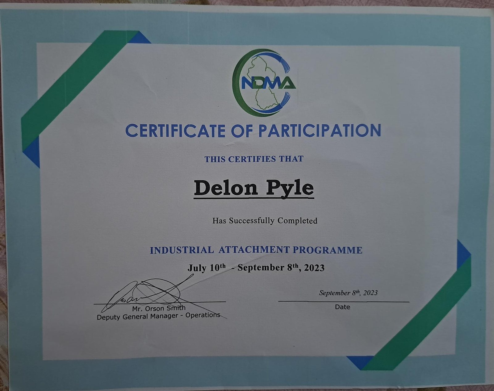 Industrial Attachment Programme — NDMA certificate awarded to Delon Pyle